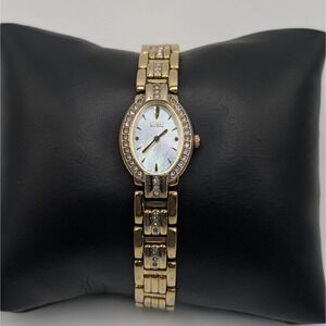 Citizen Eco-Drive B023-S019206 Gold Bracelet Watch MOP Dial Crystal Bezel